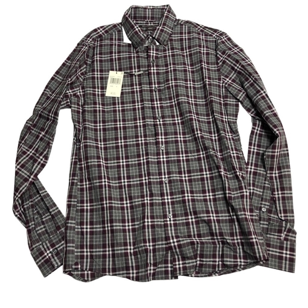 Michael Kors SLIM fit gray & cordovan plaid button down shirt size S
